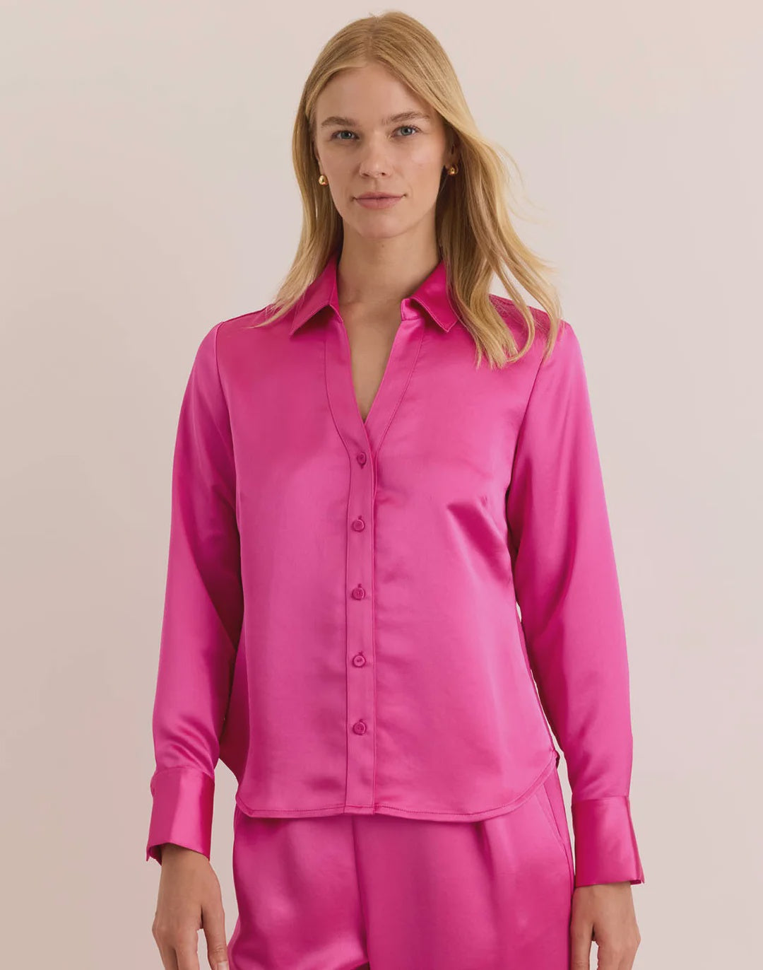 Hinson Wu Lindsey Long Sleeve Liquid Satin Shirt in Magenta