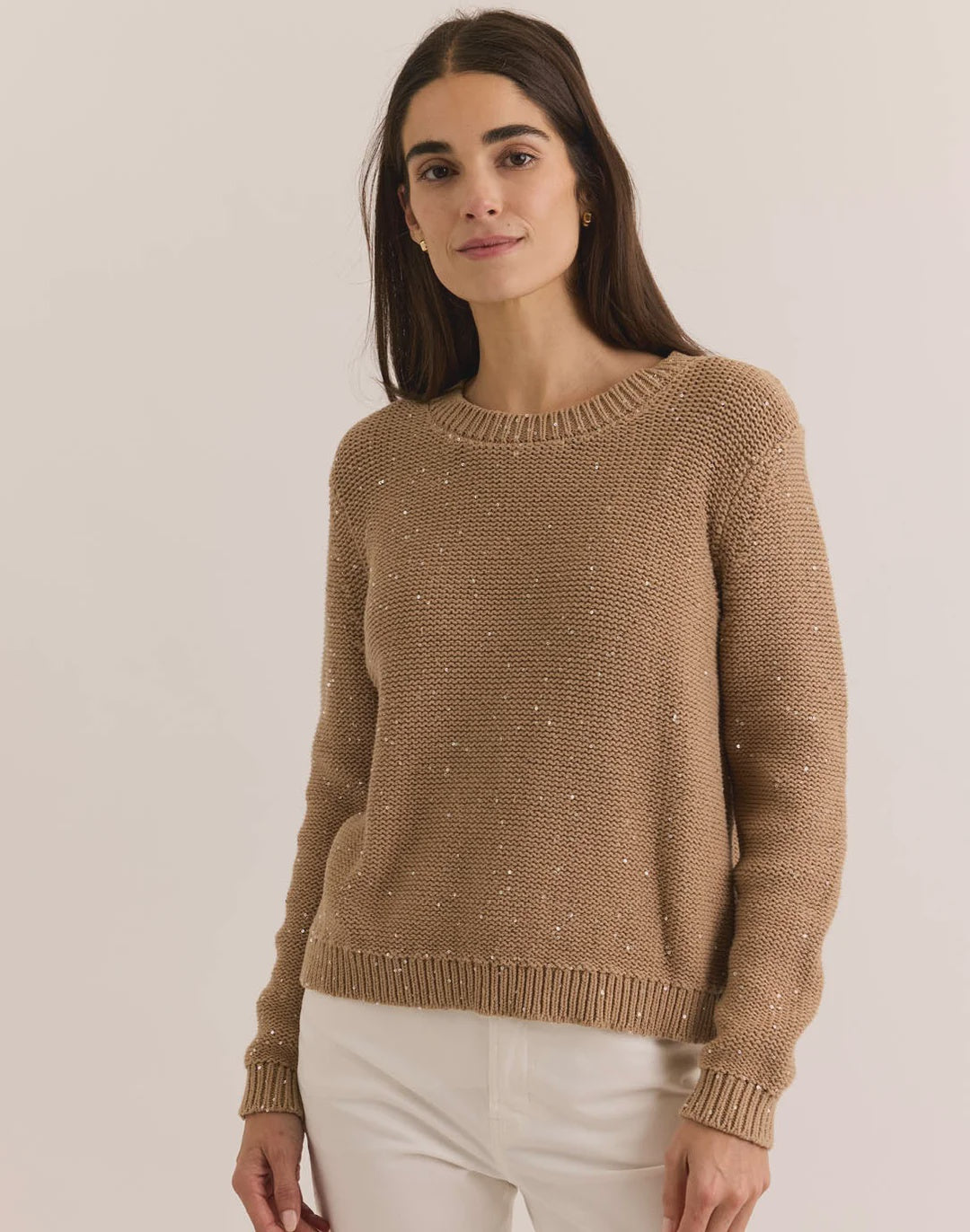 Hinson Wu Queenie Long Sleeve Sequins Sweater in Natural
