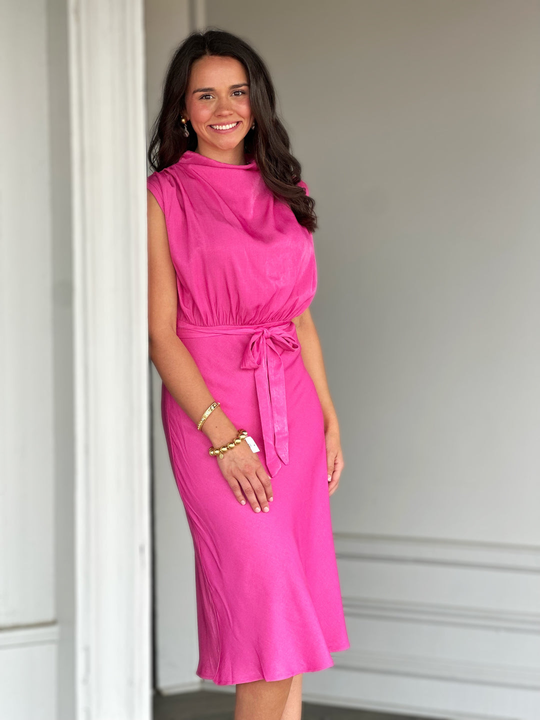 Cowl Neck Sleeveless Waist Tie Midi Dress in Pink