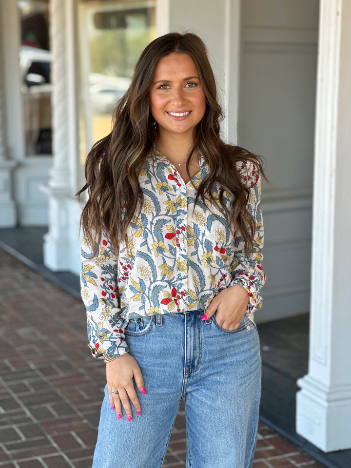 Dylan Pocket Denim Floral Button Down Top