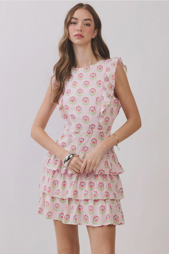 Floral Print Lace Trim Ruffle Tiered Mini Dress in Pink