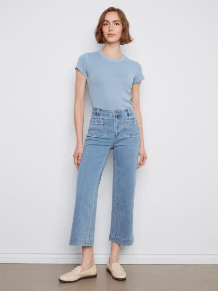Charlie B Cropped Flare Leg Patch Pocket Pant in Blue Jean