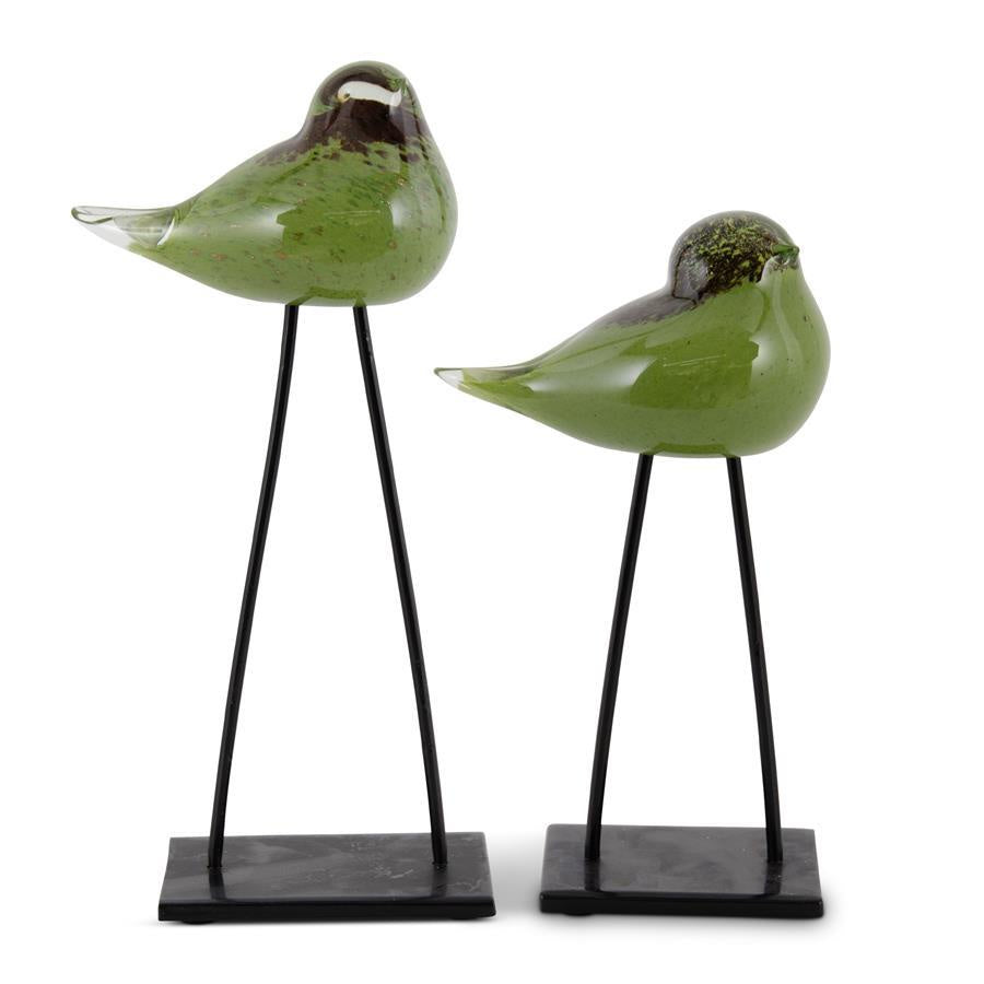 Set of 2 Green & Brown Speckled Glass Birds w/Long Metal Legs