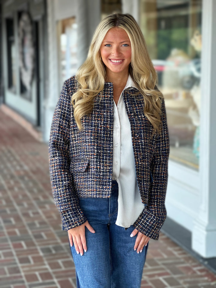 French Dressing Tweed Collarless Jacket in Multi