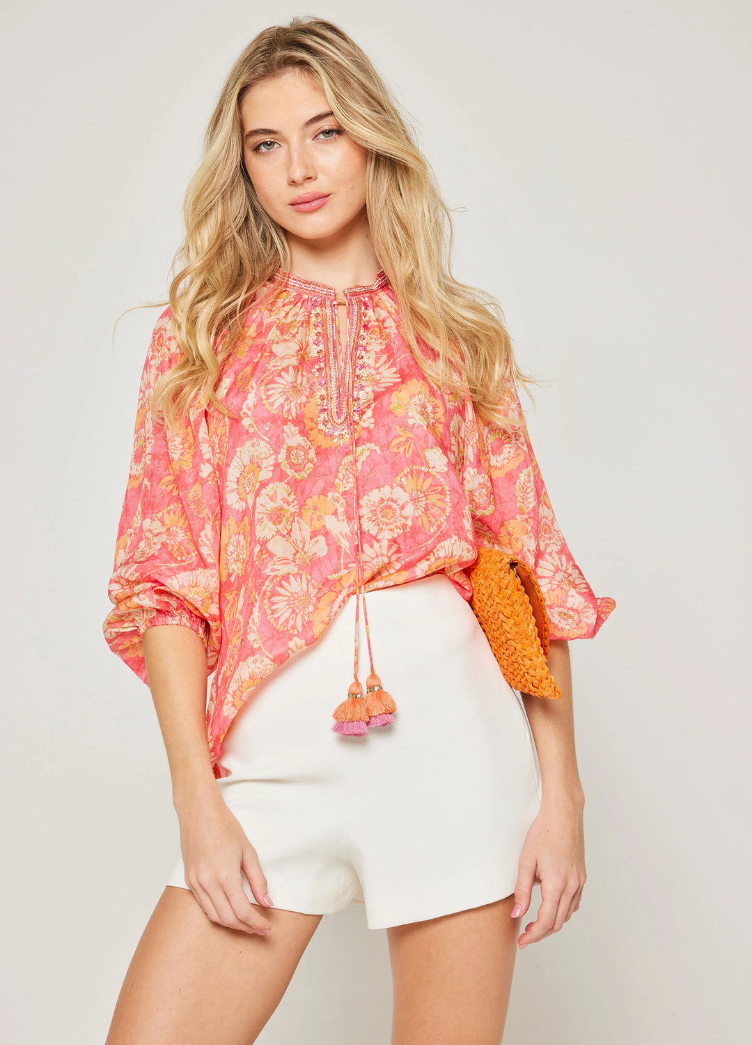 bella tu Natalie Peasant Top in Coral