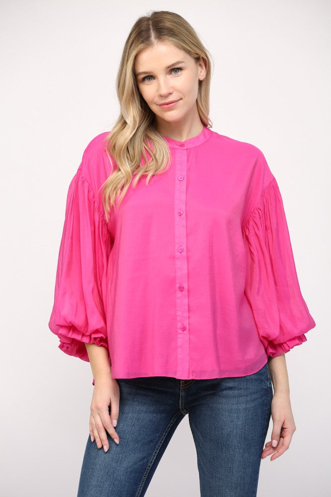 Fuchsia Puff Sleeve Button Down Shirt