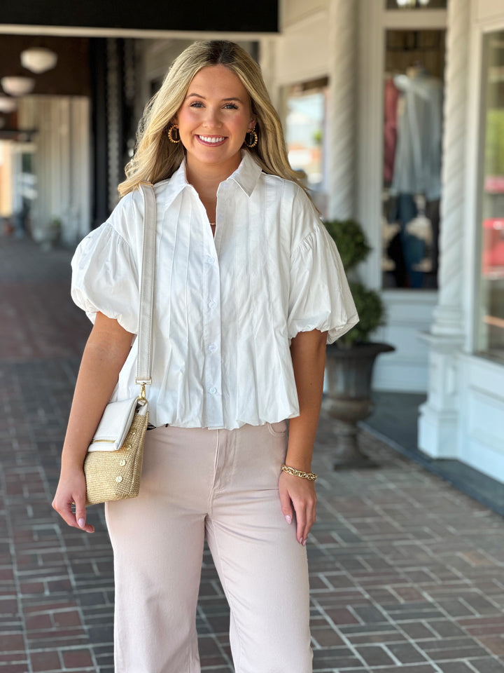 Pleated Bubble Hem Button Down Top in Off White