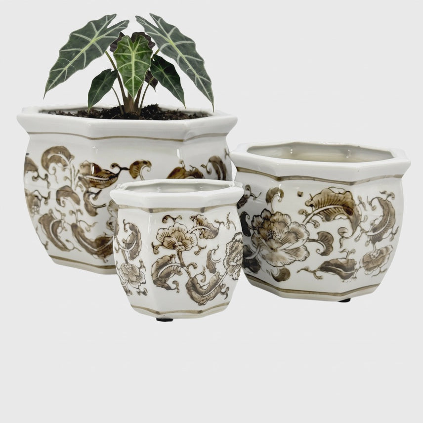 Brown & White Floral Ceramic Pots Round Bulb Style