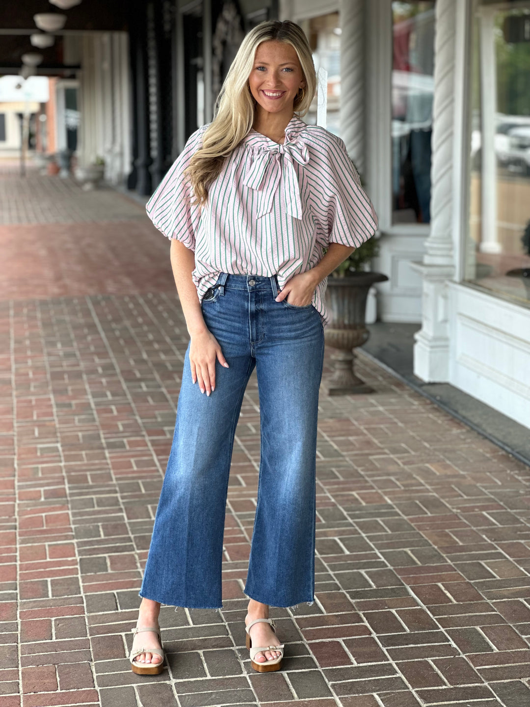 Pink Puff Sleeve Knot Collar Top