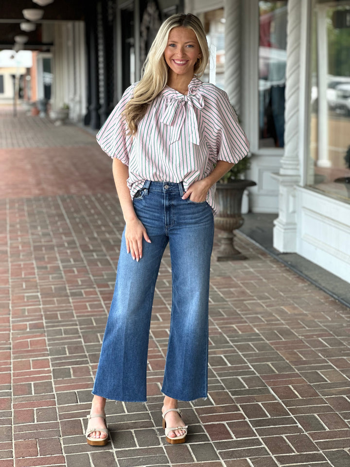 Pink Puff Sleeve Knot Collar Top