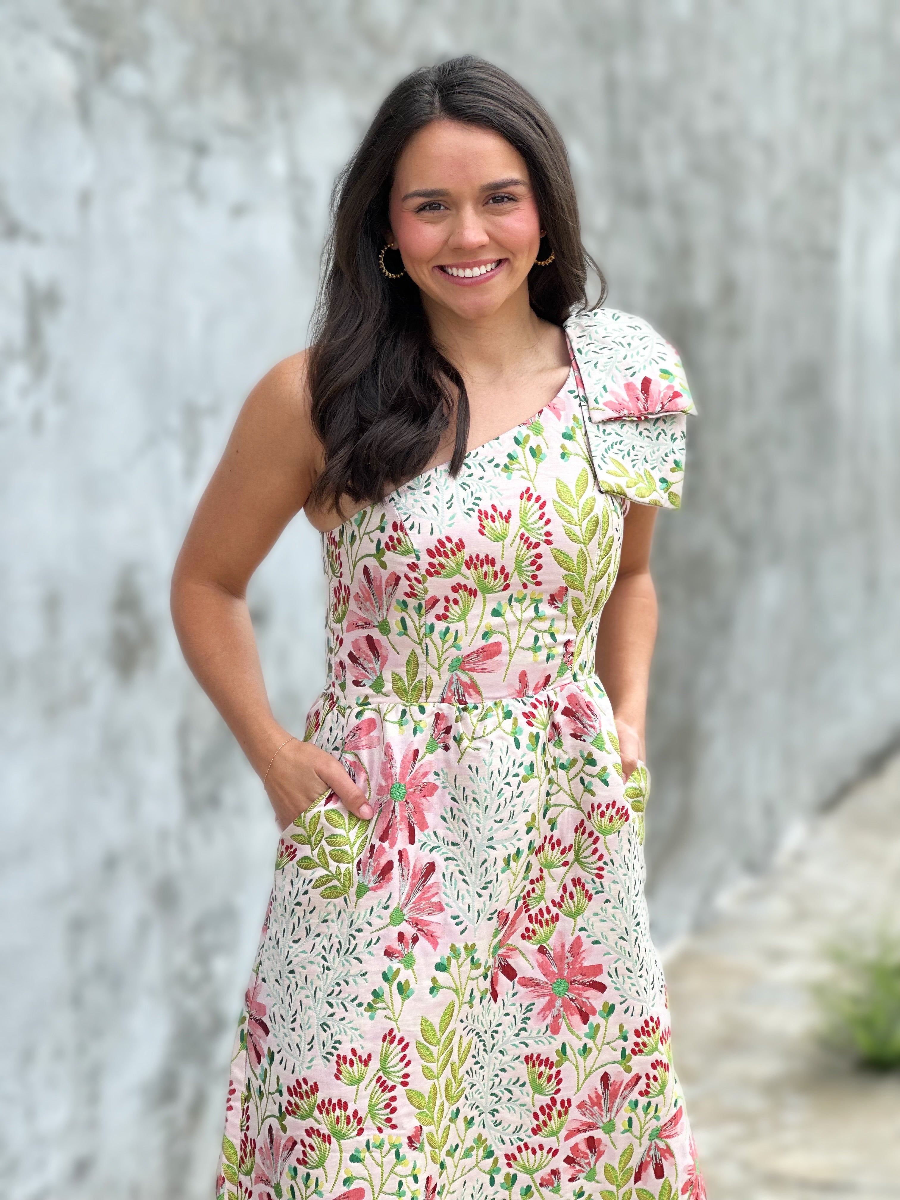 Floral One Shoulder Jacquard Midi Dress – Sugar & Spice
