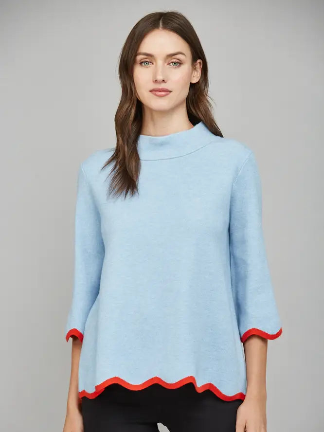 Blue Scallop Edge Detailed Mock Neck Sweater