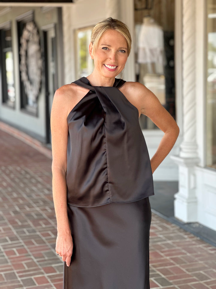 Satin Front Crossover Black Halter Top
