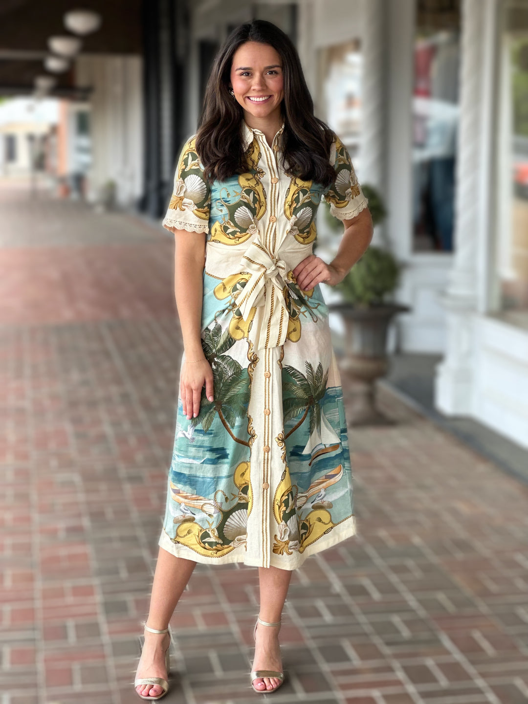 Farm Rio Off-White Royal Sea Collared Lenzing™ Ecovero™ Euroflax™ Midi Dress
