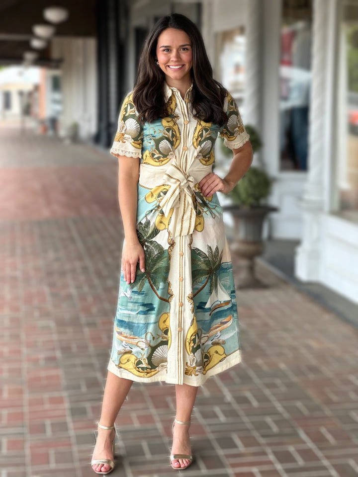 Farm Rio Off-White Royal Sea Collared Lenzing™ Ecovero™ Euroflax™ Midi Dress