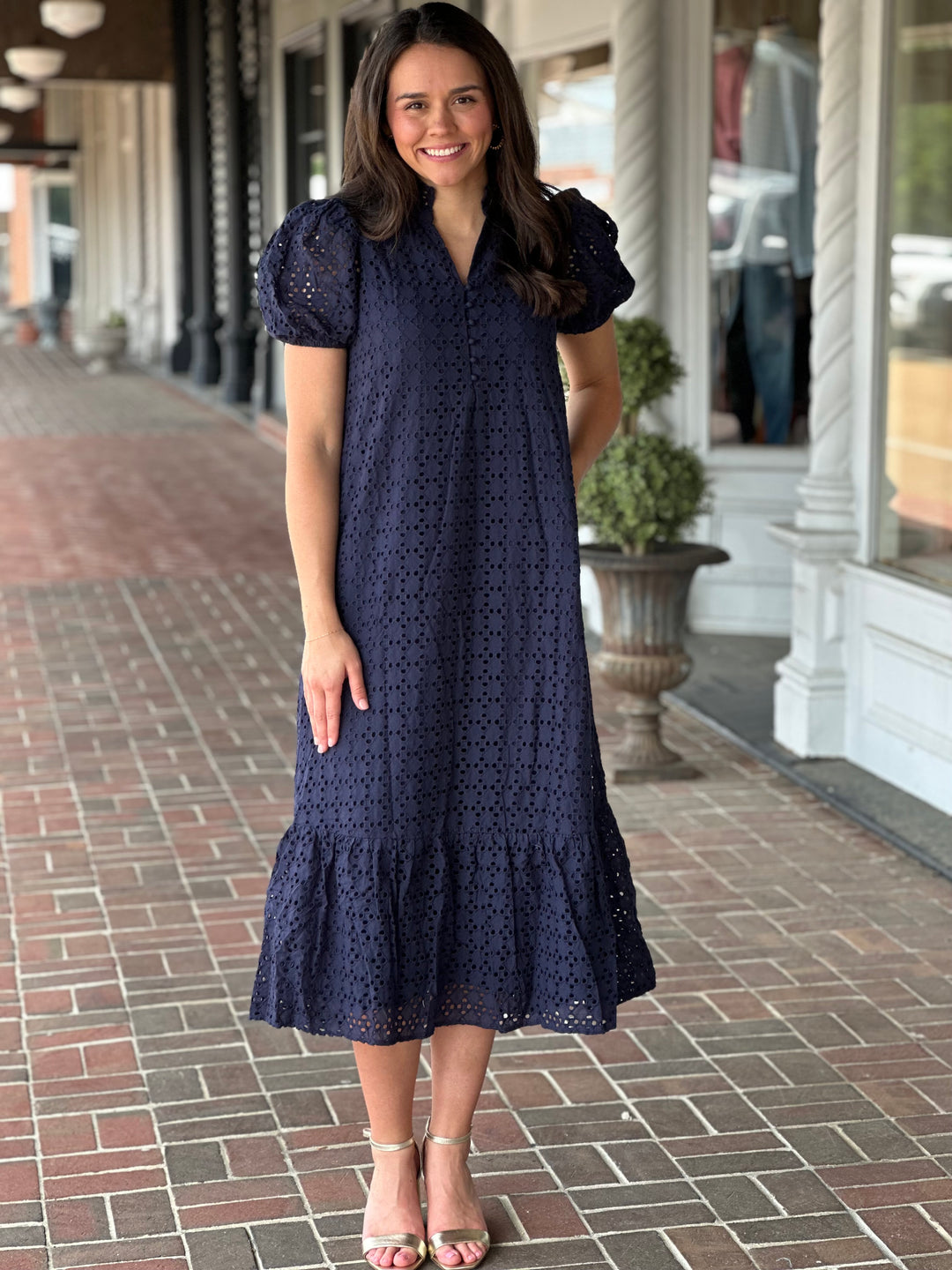 Navy Eyelet Short Puff Sleeve Midi Dress