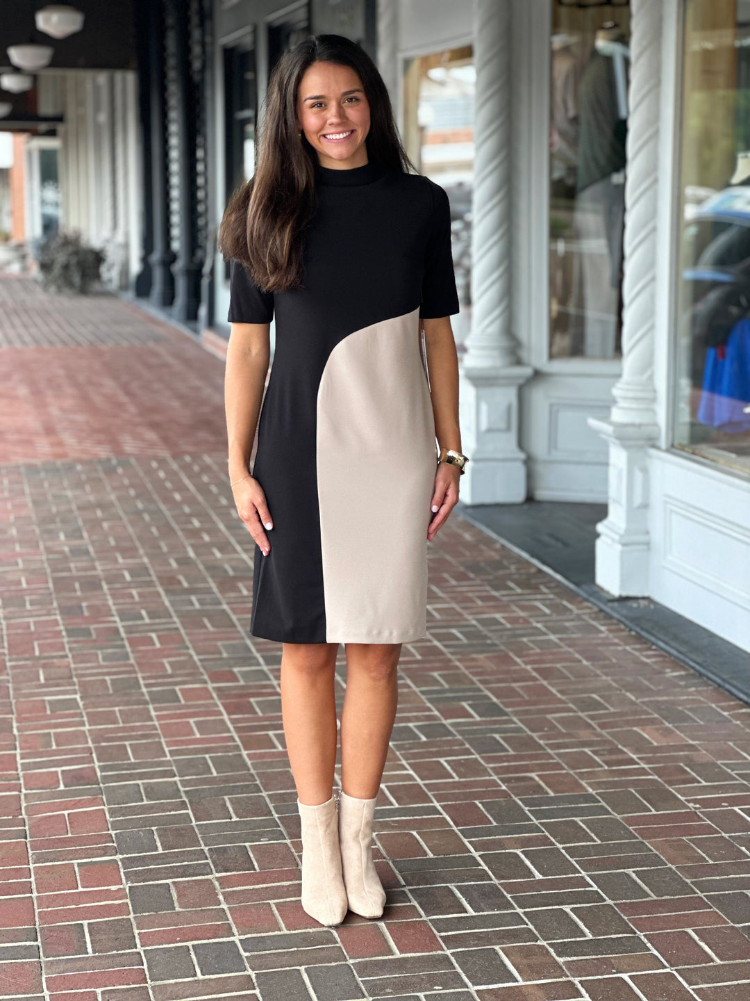 Perre Mock Neck Khaki Color-block Black Sheath Dress