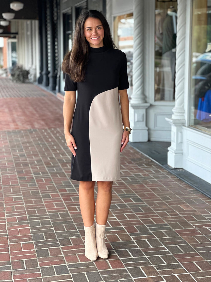 Perre Mock Neck Khaki Color-block Black Sheath Dress