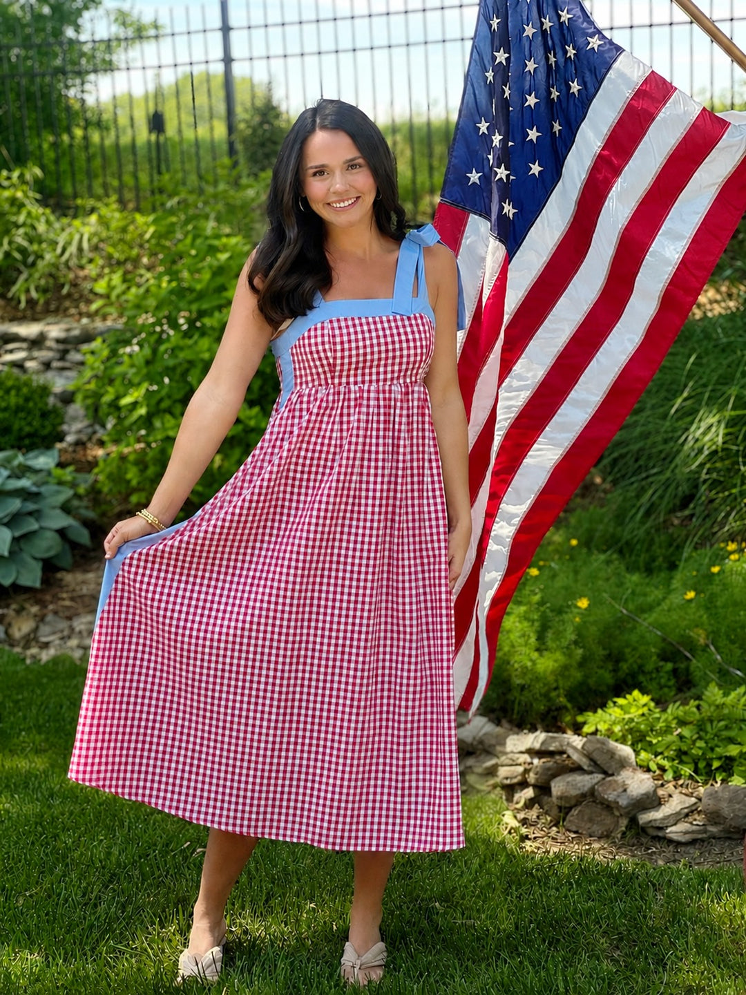 red gingham midi dress Gingham Sleeveless Midi Dress in Red