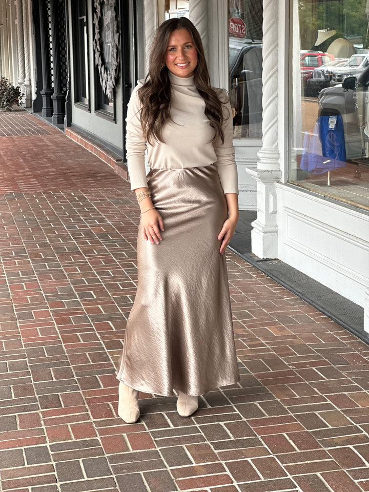 Sand Fitted Long Sleeve Mock Neck Top
