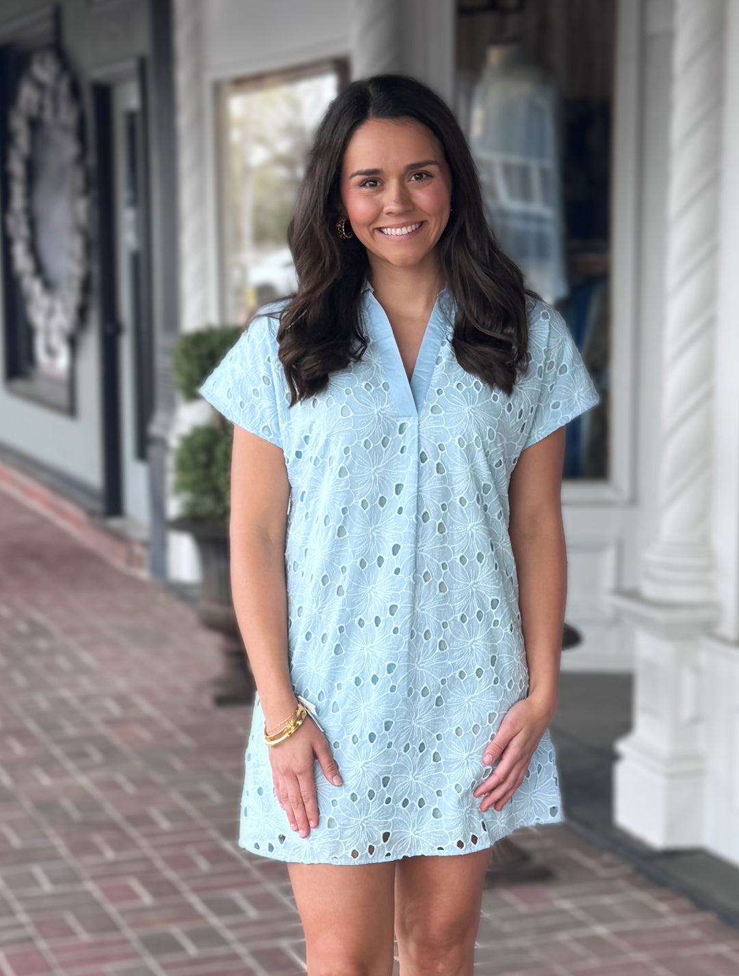 Blue Short Sleeve Eyelet Dress