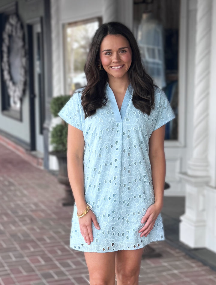 Blue Short Sleeve Eyelet Dress
