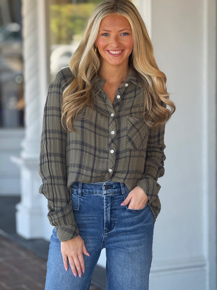 Dylan Taylor Plaid Top in Olive