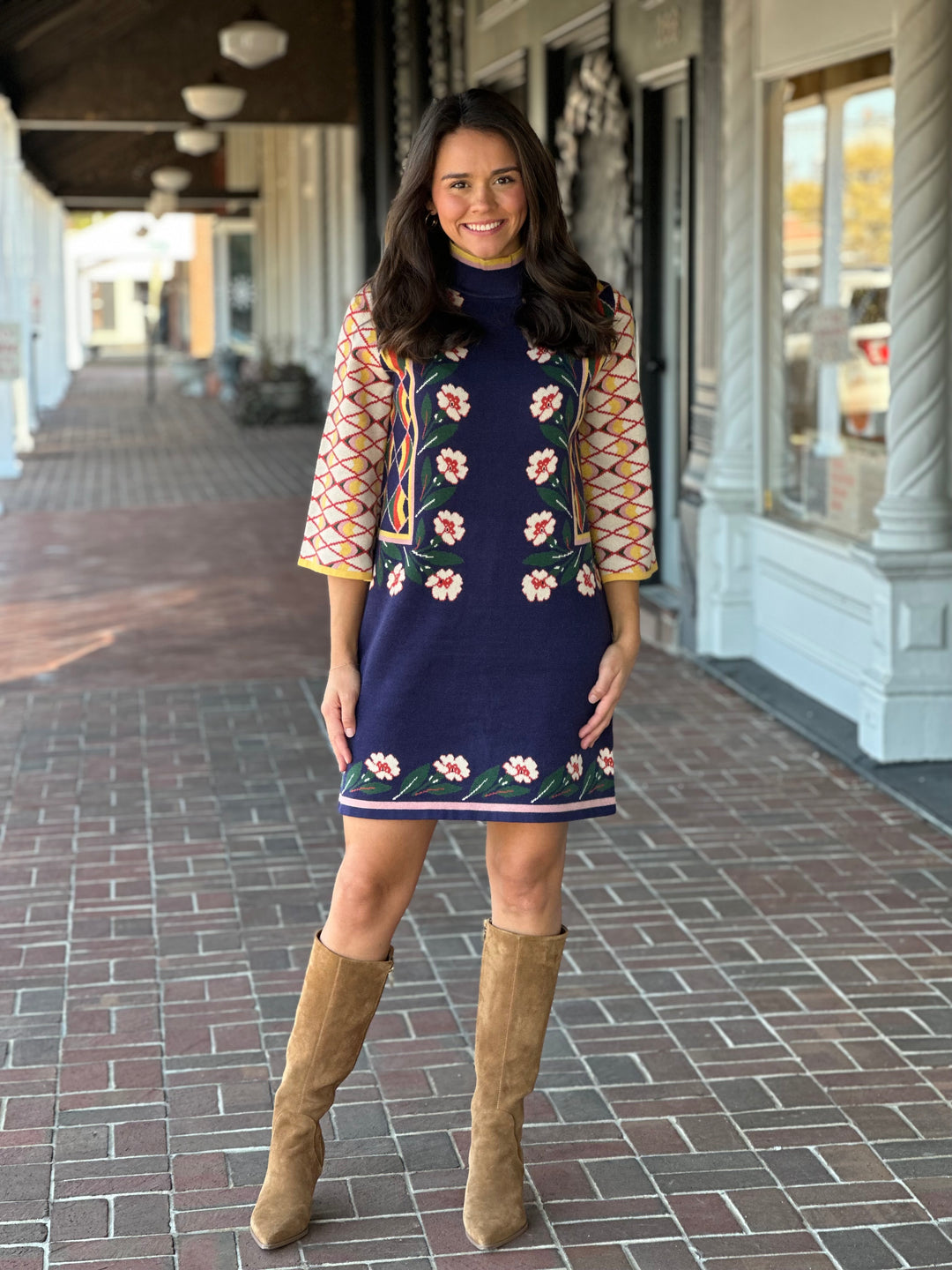 Floral And Geo Motif Jacquard Navy Dress