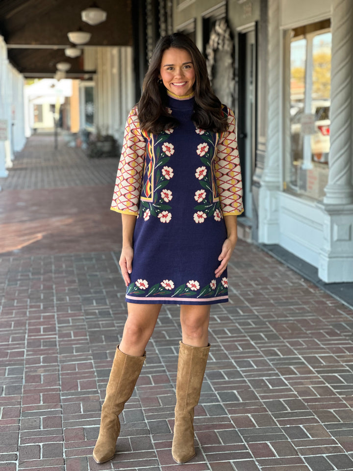 Floral And Geo Motif Jacquard Navy Dress