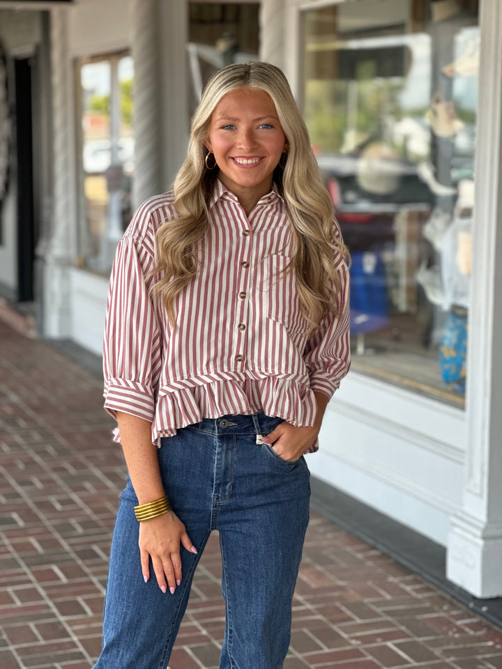 Ruffle Hem Button Up Top in Wine