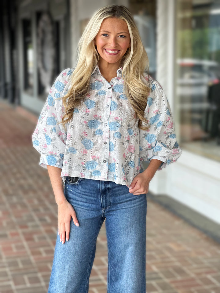 Pink Blue Lace Detail Top in White