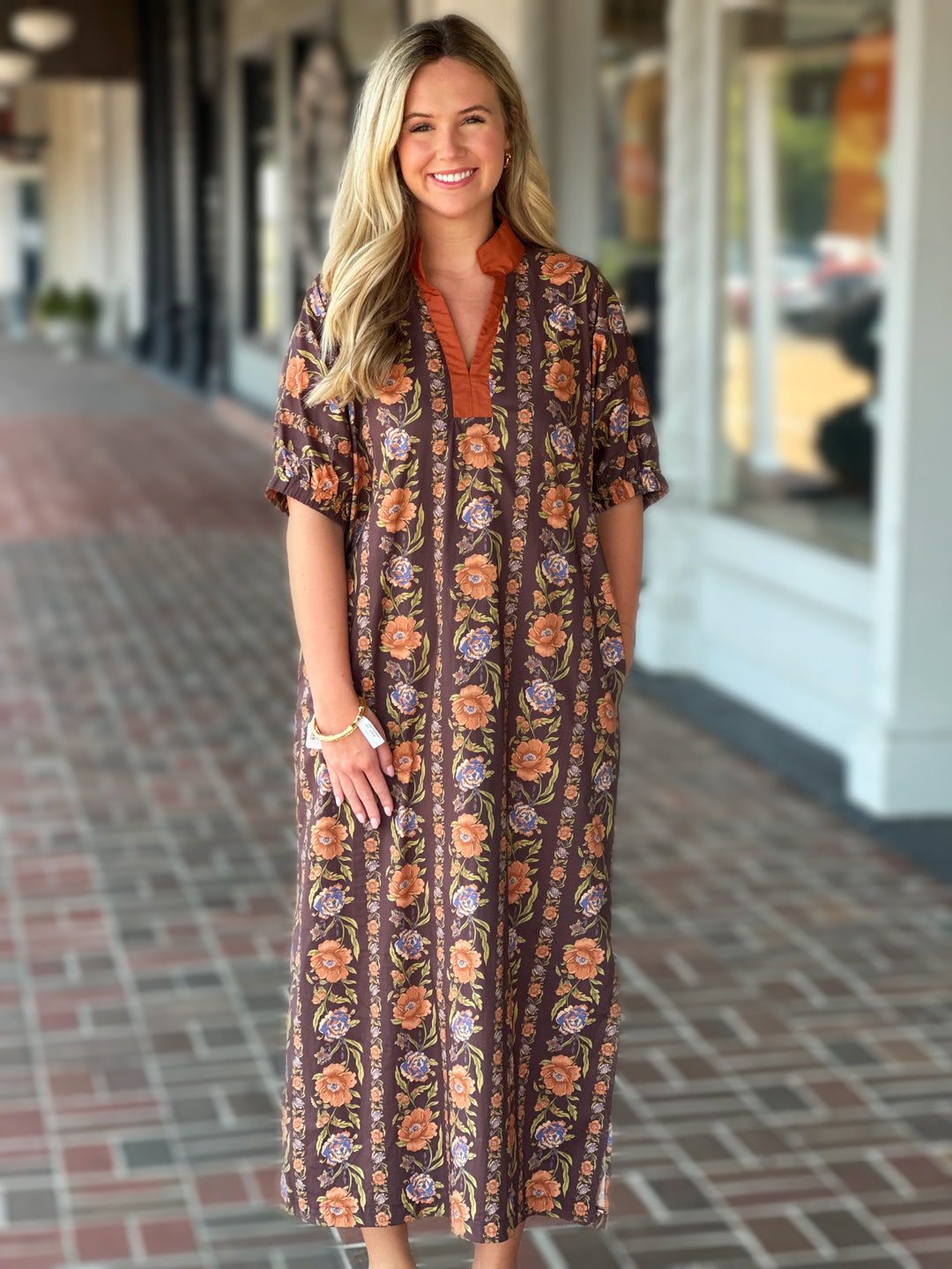 Floral Stripe Print Short Balloon Midi Dress in Brown