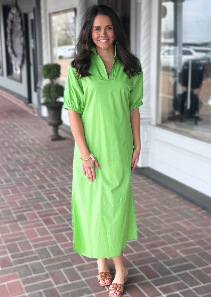 Charlotte Stand Collar Midi Dress in Green Apple