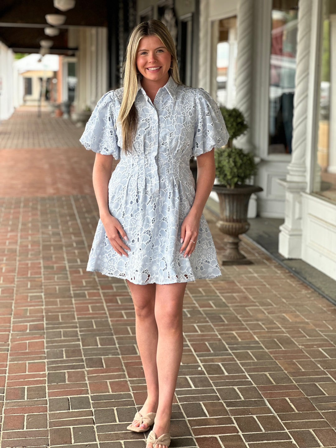 Cut-out Floral Lace Short Button Down Dress in Baby Blue