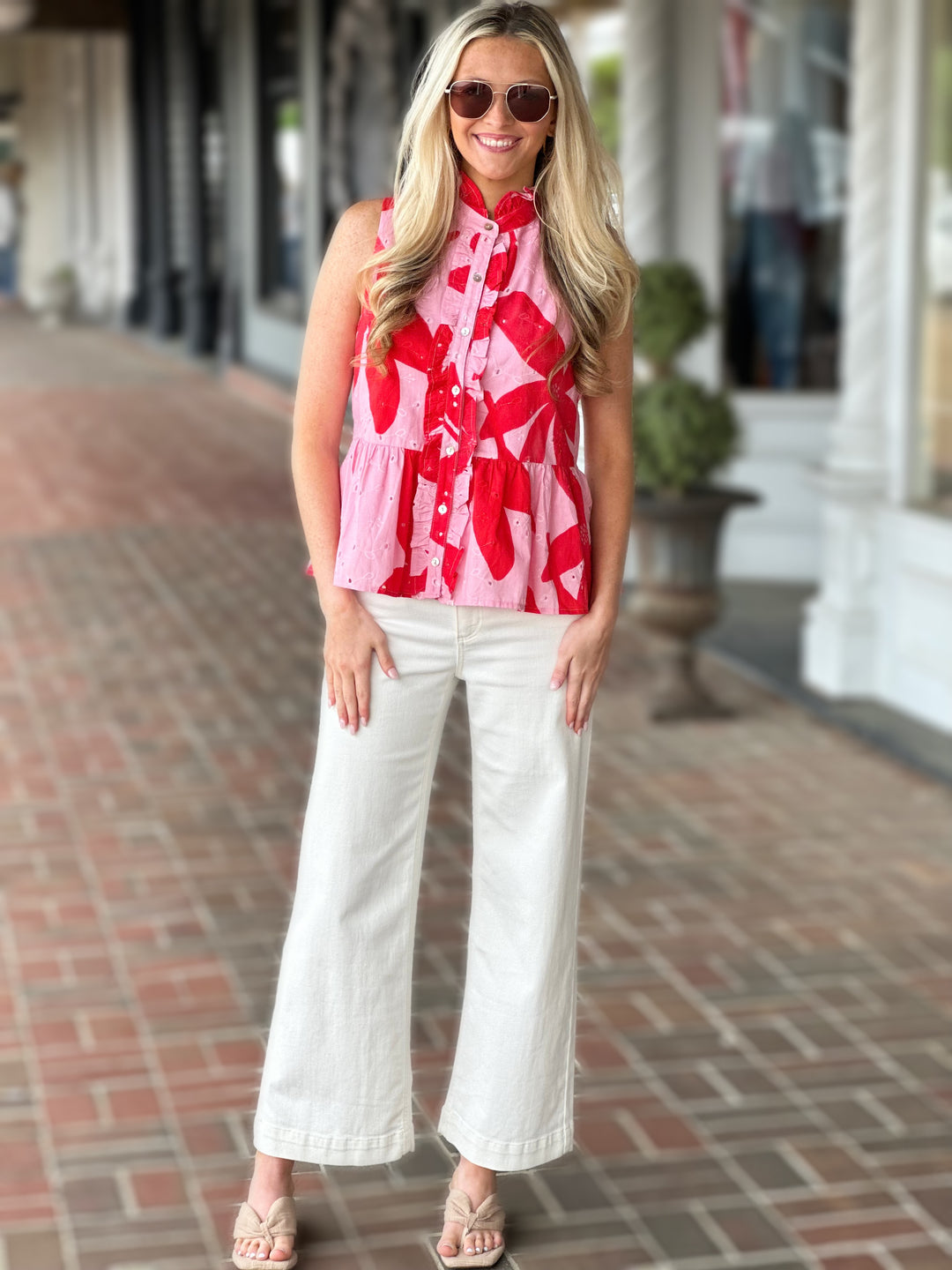 Pink Botanical Print Sleeveless Peplum Top