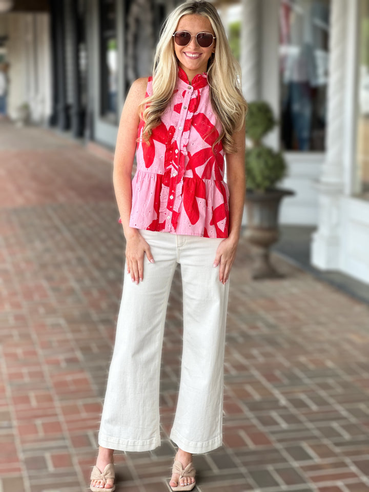 Pink Botanical Print Sleeveless Peplum Top