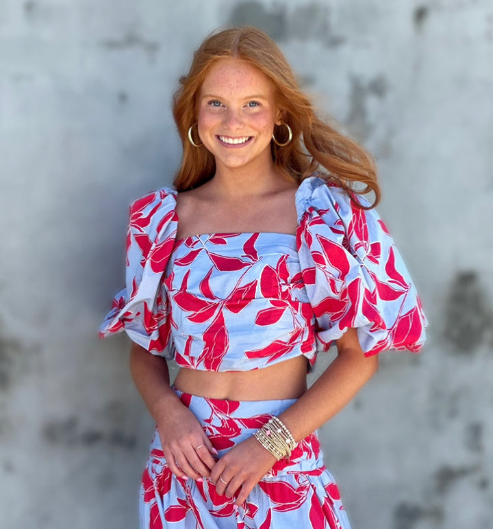 Blue Red Printed Shirred Crop Top