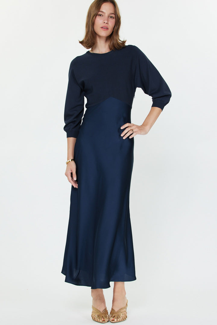 Mixed Media Navy Midi Dress