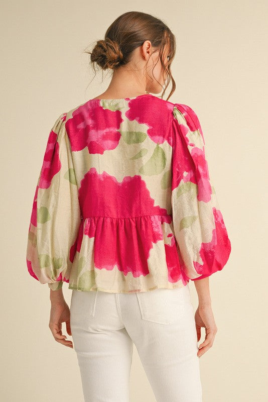 Bow Ties Peplum Hot Pink Floral Top