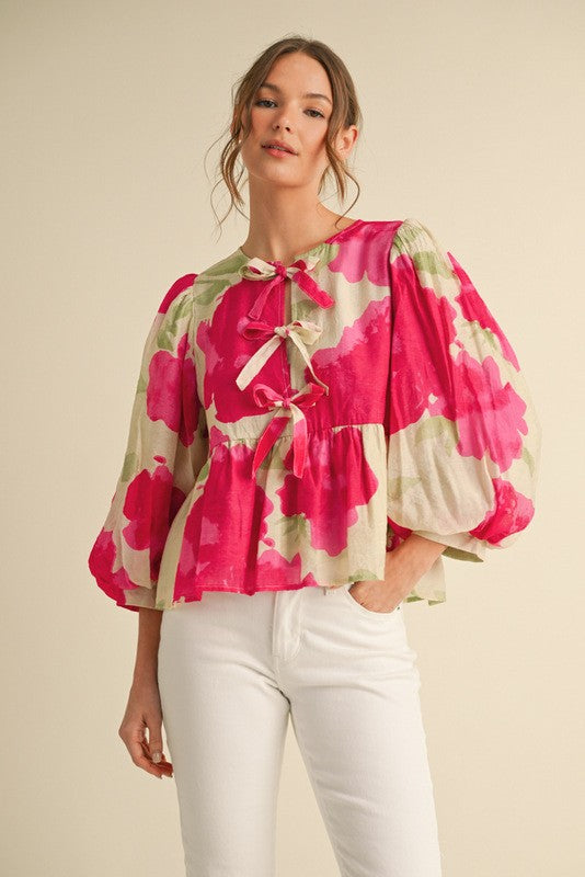 Bow Ties Peplum Hot Pink Floral Top