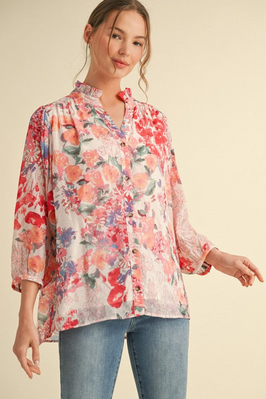 Floral Chiffon Red Printed Top