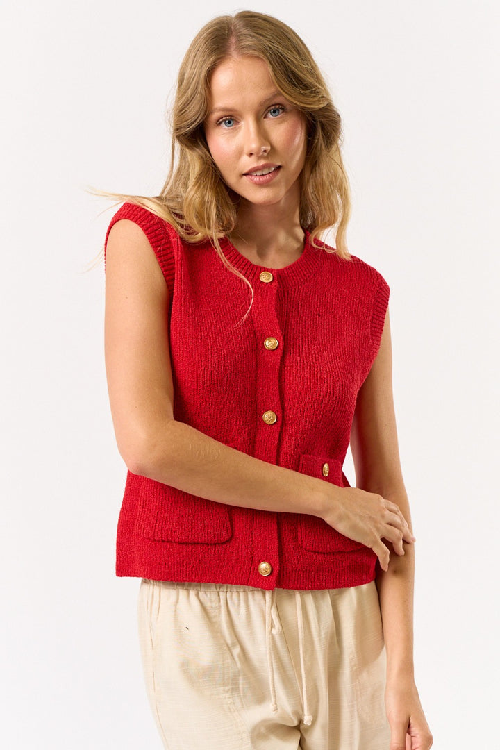 Gold Button Sweater Vest in Red