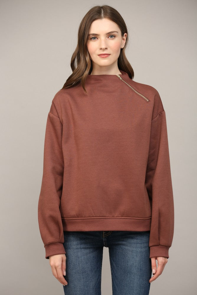 Zipper Trimmed Round Neck Sweatshirt in Choco Brown