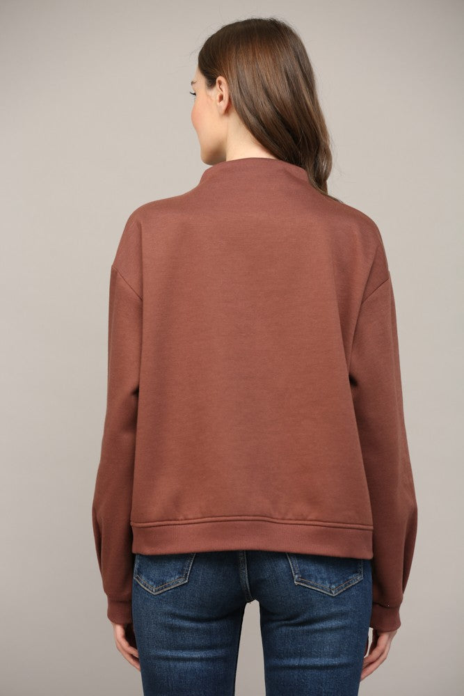 Zipper Trimmed Round Neck Sweatshirt in Choco Brown