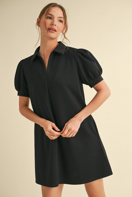 Black Jersey Pocket Collar Dress