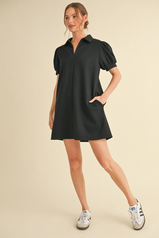 Black Jersey Pocket Collar Dress
