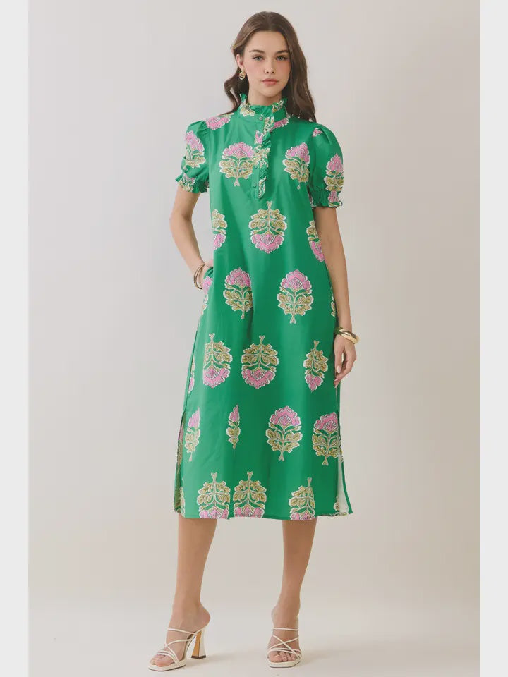ruffle collar midi dress Green Floral Print Ruffle Collar Button Down Midi Dress – Sugar & Spice