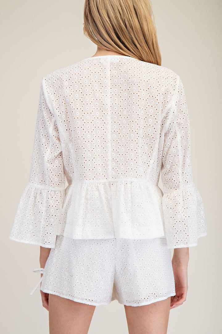 Eyelet Lace Bell Sleeve Tie White Blouse