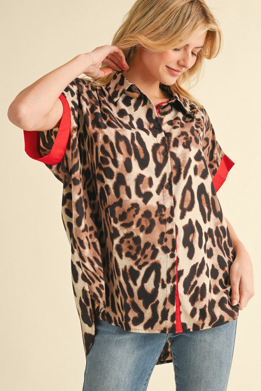 Satin Leopard Print Button Up Top in Mocha