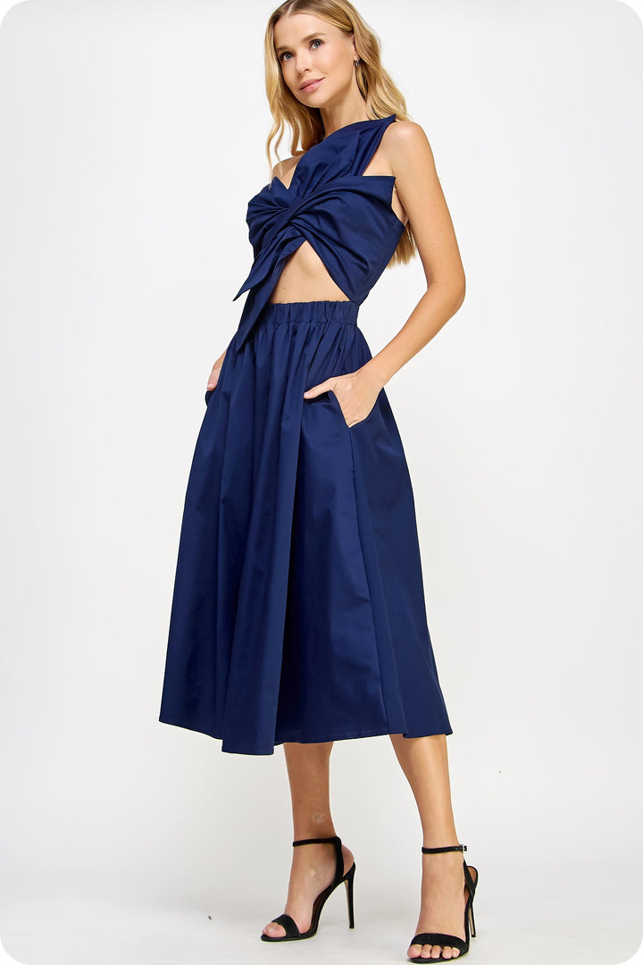 Knotted Flower Bow Midi Dress in Navy